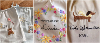 Personalisierte Stickbeutel: „Hello Baby“ mit Namen, „Happy Birthday Linda“ im Blumenkranz und Dackel mit „Karl“