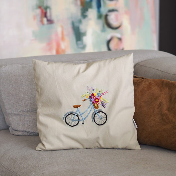 KISSENHÜLLE Fahrrad mit Blumen - Sticken für Anfänger