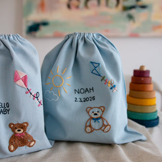 Kinderbeutel aus Baumwolle mit Bär bestickt zum Verschenken