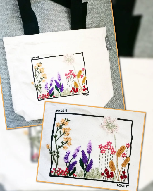 Tasche mit Lavendel und Blumenranke bestickt 